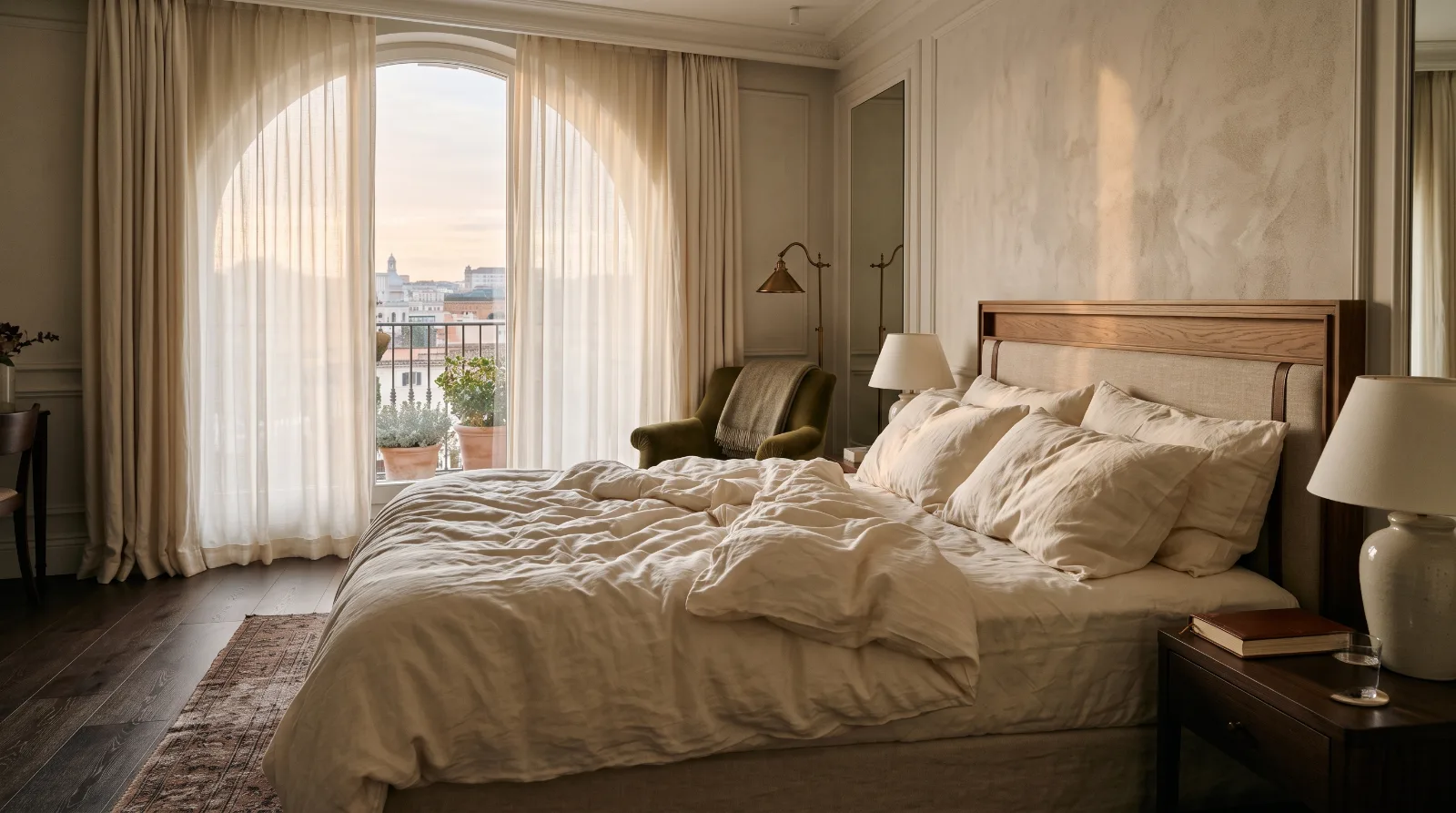 Suite d'hôtel au lever du jour : lit de lin froissé face à une fenêtre en arche ouverte sur les toits de la ville.