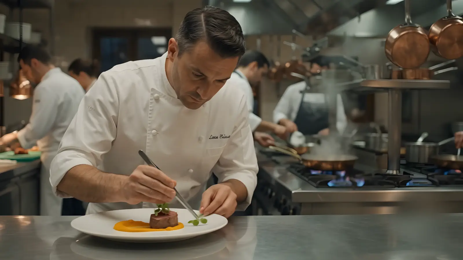 Un chef dresse à la pince une assiette gastronomique au passe, la brigade en cuisine s'affairant derrière lui.
