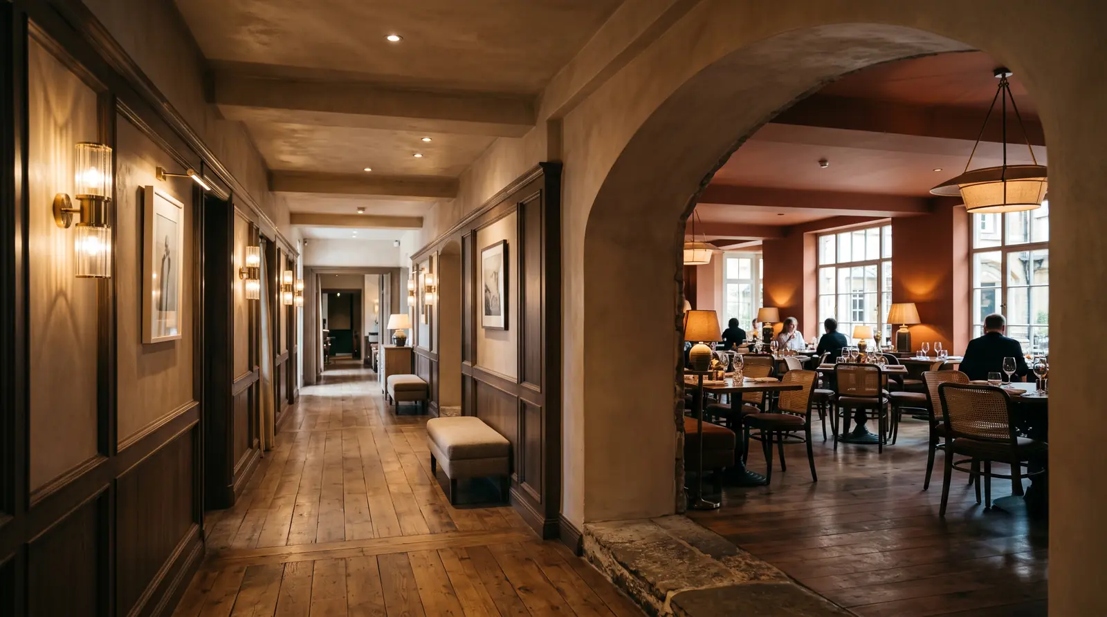 Couloir d'hôtel lambrissé s'ouvrant par une arche de pierre sur la salle du restaurant où dînent des clients.
