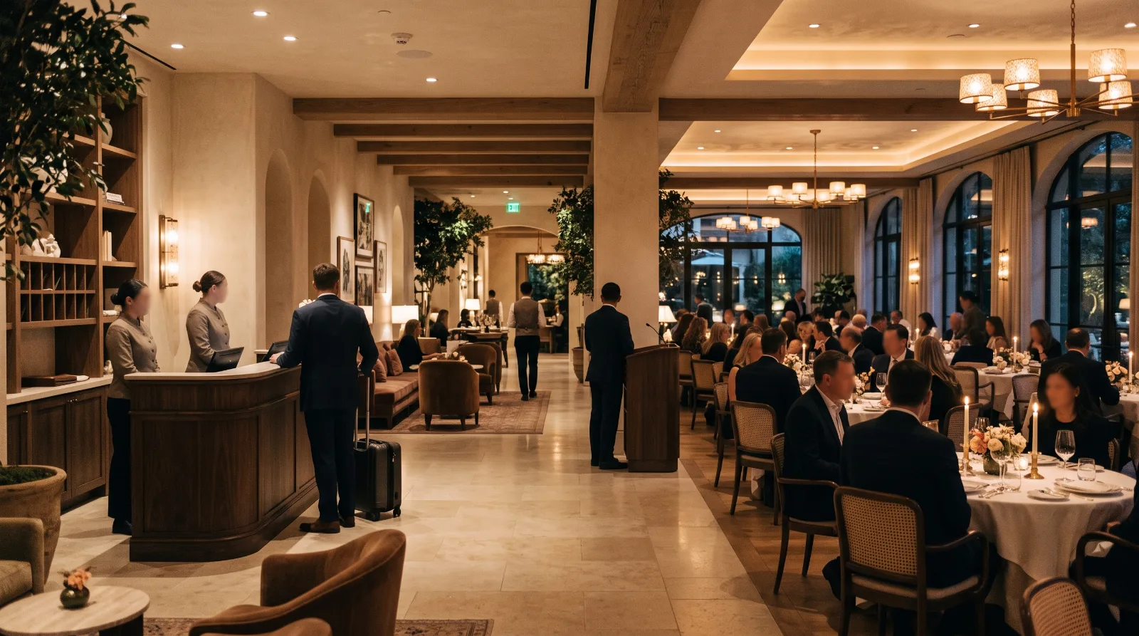 Réception d'un hôtel en soirée : l'équipe accueille un voyageur au comptoir tandis que la salle du restaurant dîne en arrière-plan.