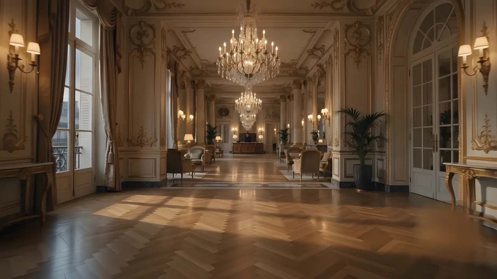 Grand lobby d'hôtel voûté à la tombée du soir : sol de marbre, lustres en laiton, fauteuils de cuir et hautes baies vitrées sur la ville.